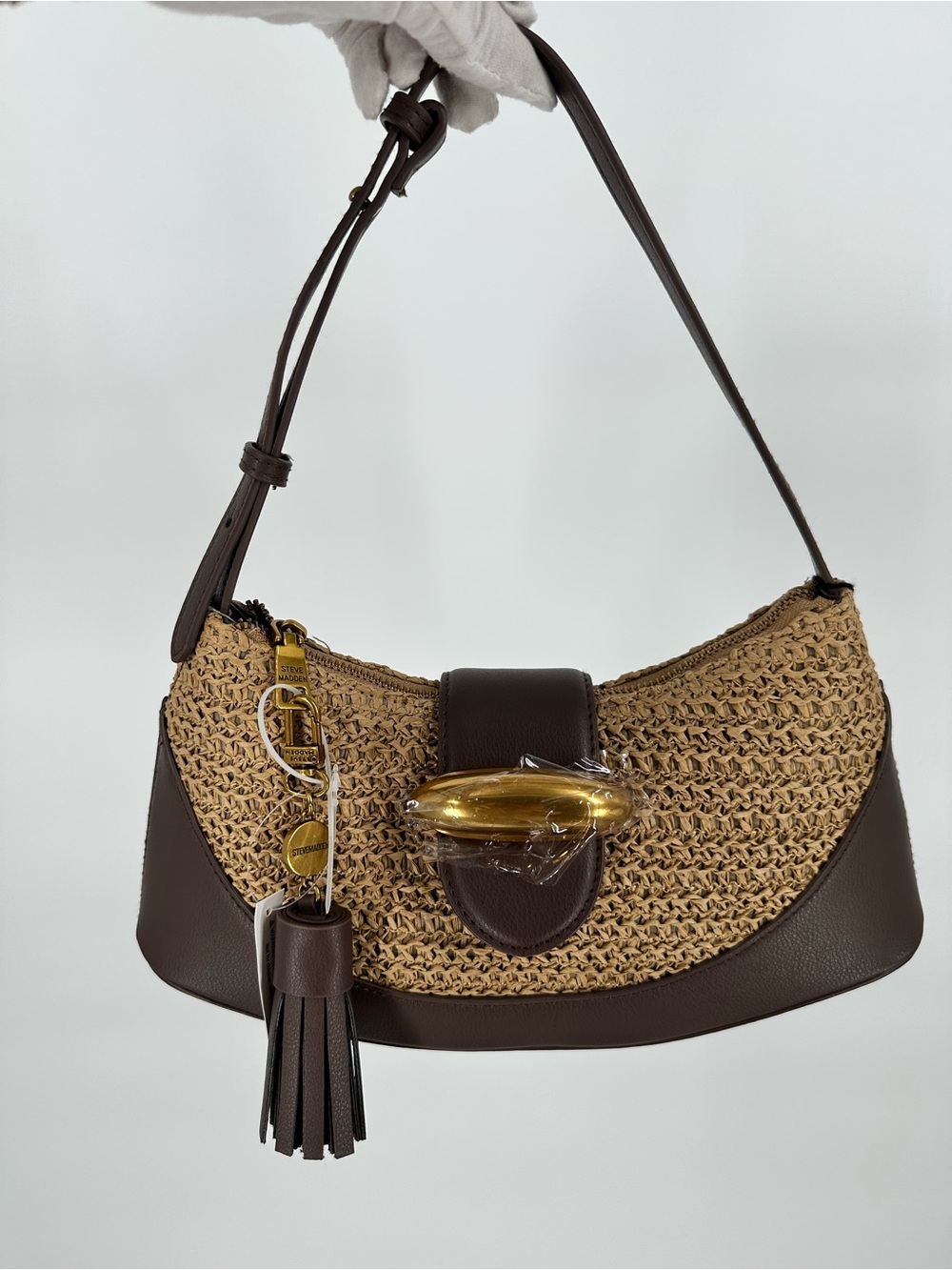 STEVE MADDEN Woven Crescent Raffia Boho Natural Brown Shoulder Crossbody Bag NWT - Picture 10 of 14